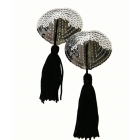  Free Shipping  Ladies Silver Sequined Black Tassel Heart Stick On Pasties Breast Nipple Covers 