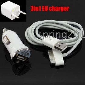 3in1 Travel Kit,EU Home Wall Charger+Car Power Charger+USB Data Sync Cable for  iG  1sets/lot freeshipping 