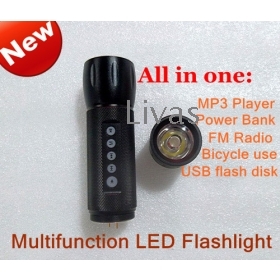 [New] Free Shipping Multifunction LED Flashlight + MP3 Player + FM Radio + Power Bank + Bicycle Light 