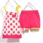 free shipping  New female children's clothing dot condole belt joining together T-shirt + shorts suits             