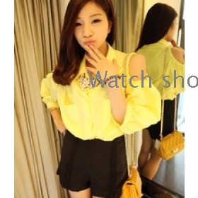 Big yards loose leisure washed denim shirt lantern sleeve shirt sleeves sexy dew shoulder