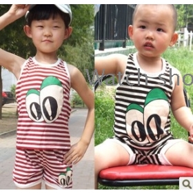 free shipping The new children's wear summer big eyes stripe (vest + shorts) T-shirt suit                     