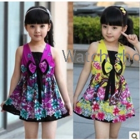 free shipping Chun xia hold female children's clothing emulation silk printing big bowknot vest dress 5330        