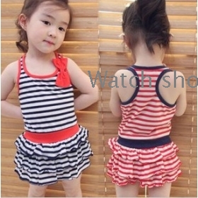 free shipping Summer of female children's clothing bowknot vest stripe dress 4313        