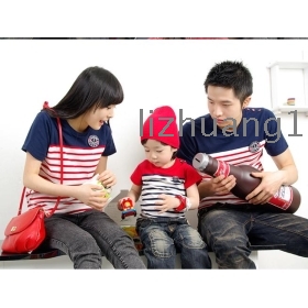 Южная Корея новой весной одежду с коротким рукавом футболки с матерью с матерью и дочерью полосой родитель- ребенок одежду сарафан с семьей
