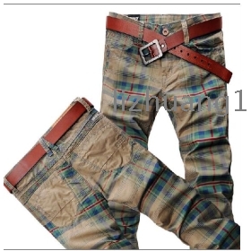 The new European van han edition jeans male cultivate one's morality color grid boom male jeans straight bottom cowboy