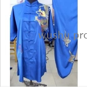 free shipping short sleeve blue male wushu clothes with dragon on the shoulder