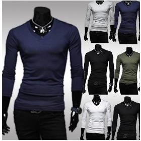 Fashion V-neck all-match male basic t shirt slim long-sleeve fashionable T-shirt 