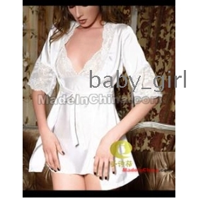 Lingerie sexy broto de seda da senhora cinto camisola emulação de seda manga longa vestido de pijama tentação dois terno branco