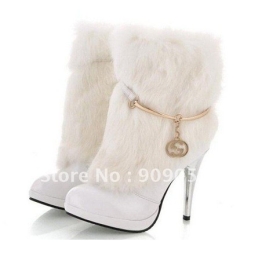 Free Shipping,Womens Boots Shoes,Sexy White Rabbit Fur High Heel Winter Ankle Boots,Size 34-39 