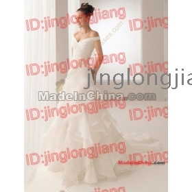White A Line Off the Shoulder Floor Length Beading Satin Ruffles Wedding Dress