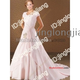 A line Pink Short Sleeves Applique Beaded Satin Wedding Dress