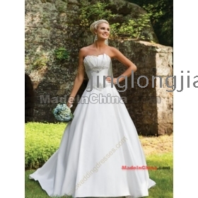 White A line strapless pleated bust beading satin  gown