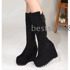 Free Shipping Wholesale New Style hot sale Special fashion wild black wave bottom slope non-slip buckle platform noble wedge boots EU35-39