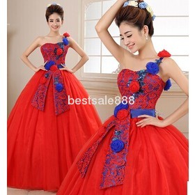 Free Shipping Wholesale New arrival hot sale fashion sweety flower stage red hostess shoulder performance noble bride wedding dress