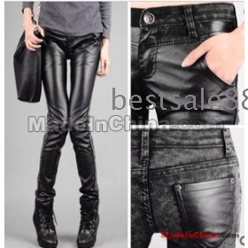 Gratis verzending Wholesale nieuwe 2013 nieuwe Slim vrouwelijke broek vrouwen vallen PU leer legging leisure jeans broek