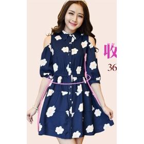 Free Shipping Wholesale New Style Hot sale wild Fashion elegant girl lace Korean sweet blue flower print dress