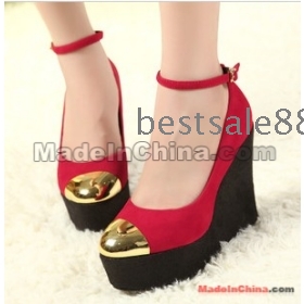 Free Shipping new arrival Noble belt buckle red suede sweet metal round slope muffin comfort platform wedge single shoes EU35-39