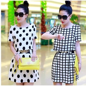 Free Shipping Wholesale New arrival female hot sale fashion ladies OL loose black and white plaid skirt false two casual primer tide dress