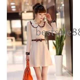 Free Shipping Wholesale New Style Hot sale wild Fashion sweety  Autumn Hitz elegant lady Slim bow long-sleeved mini dress with belt