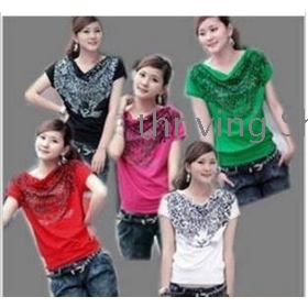 free shipping  Women's pile of pile of brought elastic ironed ablazely short sleeve  printing cotton T-shirt
