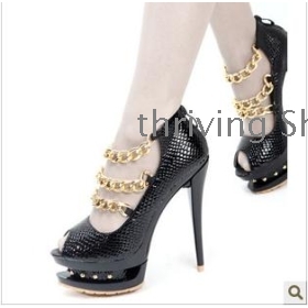 free shipping The latest fashion high water table with fish mouth shoes chain adornment material zipper snakeskin lines        