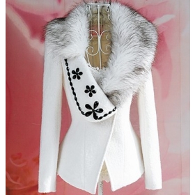  2012 Winter New White inlay oge collar black flowers gems waist woolen jacket free shipping 