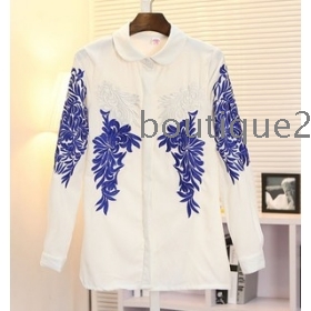 New Chegou Primavera estilo chinês porcelana azul e branca bordado barroco ornamentado camisa de mangas compridas Black White