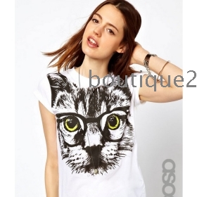 2013 Summer New Round Neck Wear Glasses Cat Printed Short-Sleeved Women's T-Shirt 