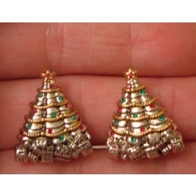 PIERCED EARRINGS SILVER XMAS TREE GOLD GARLAND GREEN RED SPARKLING ORNAMENTS