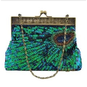 free shopping PEACOCK feathers Pattern beaded Sequin Evening BAG  Clutch hand bag Messenger bag. 