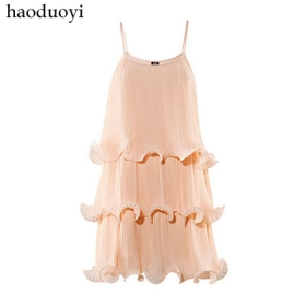 pleated one-piece dress spaghetti strap chiffon skirt  suspender skirt 