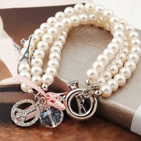   Fashion HOTSELL Jewelry wholesale Pink bow drill peace symbol three-pearl bangle  bracelet [E076]