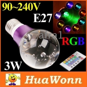 High quality 90~240V 3W E27 RGB LED bulb lamp  Crystal Led Flash Lighting w/ Remote Control 