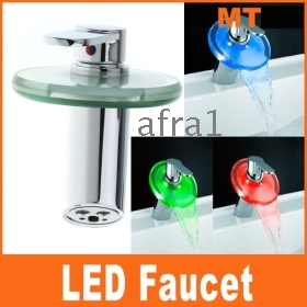 Dropshiping High quality Color Changing LED Faucet Glass Waterfall Bathroom Sink Faucet Centerset Round,H8471,free shipping 
