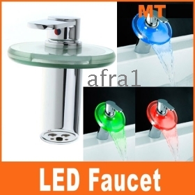 Wholesale Via EMS Color Changing LED Faucet Glass Waterfall Bathroom Sink Faucet Centerset Round,H8471,free shipping 