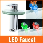 Wholesale Via EMS Color Changing LED Faucet Glass Waterfall Bathroom Sink Faucet Centerset Round,H8471,free shipping 