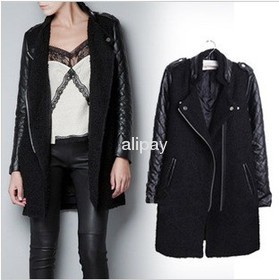 Women leather patchwork wool sleeve stand-up collar slim leather coat PU motorcycle jacket 2-colors Size:S~L Free Shipping