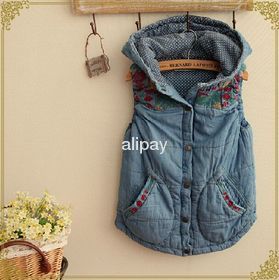 Autumn winter thickening denim vest embroidery sleeveless hooded jacket coat women Free Shipping