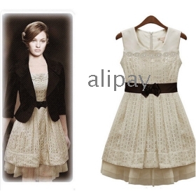 2013 New  Lace Skirt Dress Women Sleeveless Lady Bow Belt Clothing Free Shipping Apricot Size:S/M/L/XL