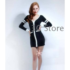 Low-cut V-neck dress Japanese College Sexy Slim package hip dress long sleeve tight skirt