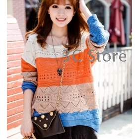  2012 Autumn and winter new Korean Fashion large size color bar mixed colors loose Rainbow bar, hollow knitting set of  sweater  free shipping