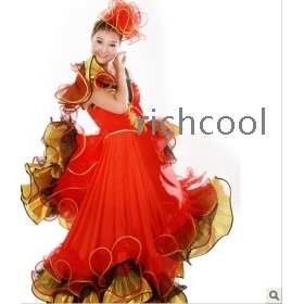 The Spanish big pendulum skirt clothing/opening dance performance clothing/big dress stage show clothing - red shoulder 