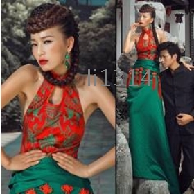 Luxury red green chinese style evening dress wedding dress the bride married dinner cheongsam 