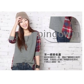 Free shipping 2012 Autumn Women new the round neck lattice stitching loose primer shirt big yards long sleeve T-shirt size:S,M,L,XL