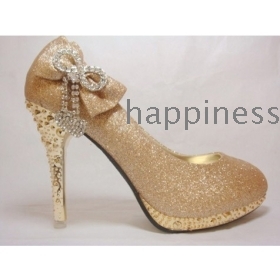 free shipping Golden drill waterproof table high with bowknot female wedding shoes