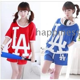 free shipping Women's T-shirt + Shorts Leisure Loose Cotton Fleece Sports Suit Red White Blue    