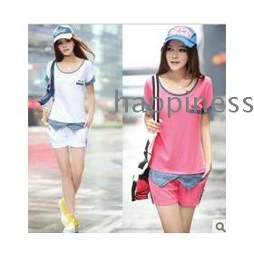 free shipping Big Yards Of ladies' Fashion Splicing T-shirt + Shorts Leisure Sports Suit Red White Blue M L XL 