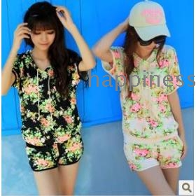 free shipping Women's Floral With Hood Sports Leisure Suit T-shirt + Shorts Black Blue Beige M L      