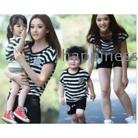 free shipping Parents with children's wear cotton stripe sports leisure suit family wear short sleeve T-shirt       